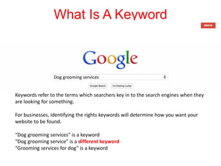 What Is A Keyword
Keywords refer to the terms which searchers key in to the search engines when they
are looking for something.
For businesses, identifying the rights keywords will determine how you want your
website to be found.
“Dog grooming services” is a keyword
“Dog grooming service” is a different keyword
“Grooming services for dog” is a keyword
Dog grooming services
 