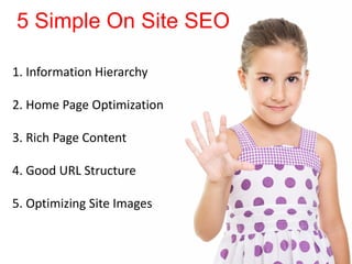 5 Simple On Site SEO
1. Information Hierarchy
2. Home Page Optimization
3. Rich Page Content
4. Good URL Structure
5. Optimizing Site Images
 