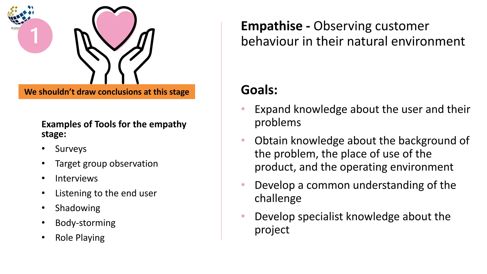 Goals:
• Expand knowledge about the user and their
problems
• Obtain knowledge about the background of
the problem, the place of use of the
product, and the operating environment
• Develop a common understanding of the
challenge
• Develop specialist knowledge about the
project
Empathise - Observing customer
behaviour in their natural environment
Examples of Tools for the empathy
stage:
• Surveys
• Target group observation
• Interviews
• Listening to the end user
• Shadowing
• Body-storming
• Role Playing
We shouldn’t draw conclusions at this stage
 