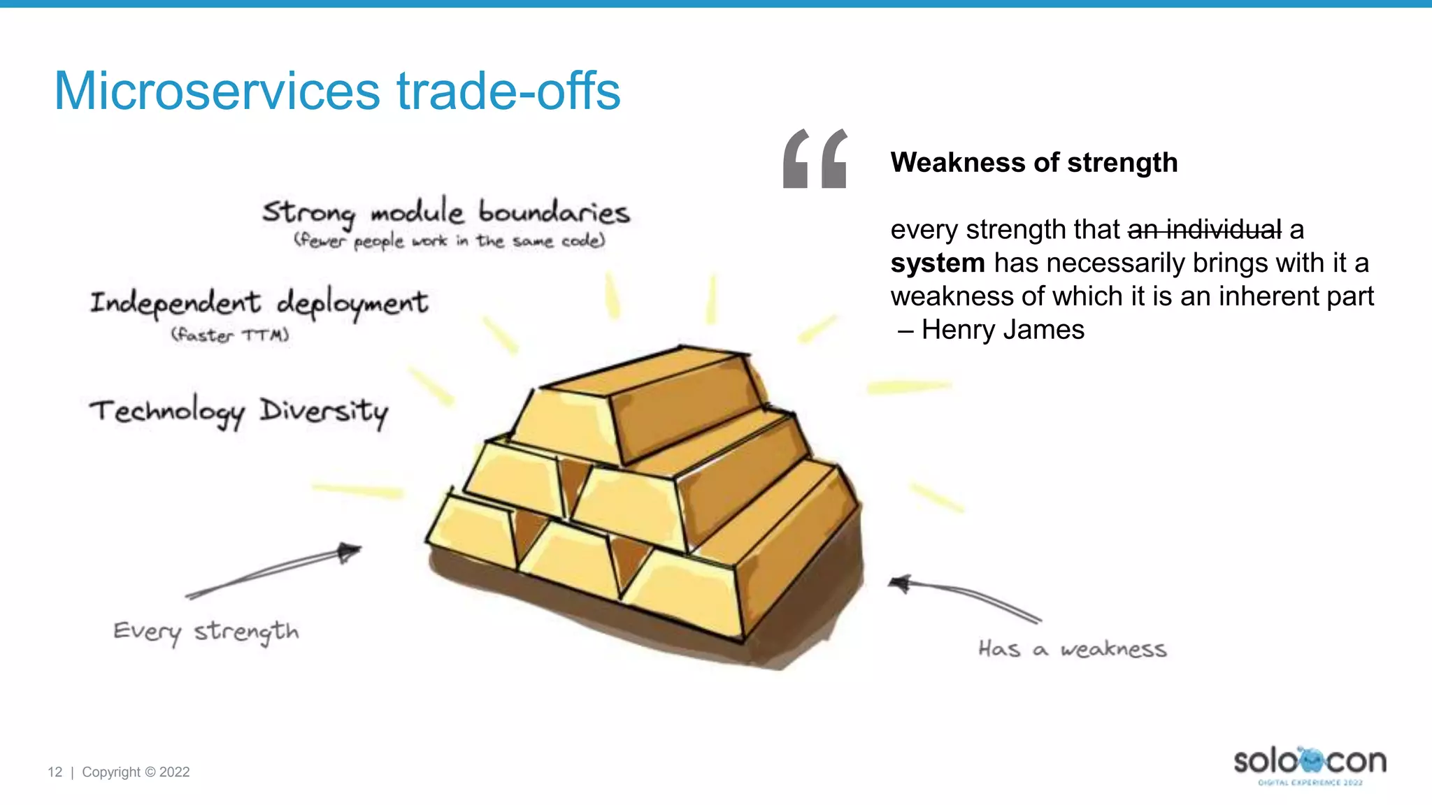 12 | Copyright © 2022
Microservices trade-offs
Weakness of strength
every strength that an individual a
system has necessarily brings with it a
weakness of which it is an inherent part
– Henry James
“
 