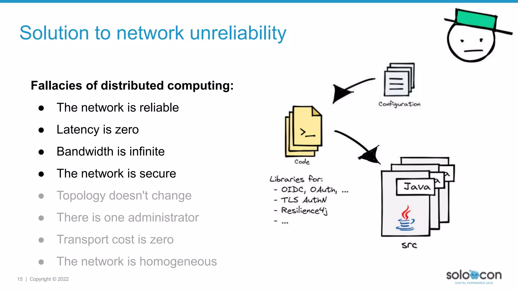 15 | Copyright © 2022
Solution to network unreliability
Fallacies of distributed computing:
● The network is reliable
● Latency is zero
● Bandwidth is infinite
● The network is secure
● Topology doesn't change
● There is one administrator
● Transport cost is zero
● The network is homogeneous
 