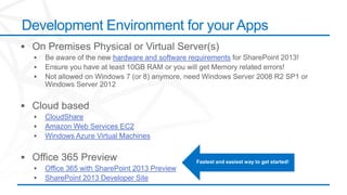Development Environment for your Apps

                       hardware and software requirements




   CloudShare
   Amazon Web Services EC2
   Windows Azure Virtual Machines



   Office 365 with SharePoint 2013 Preview
   SharePoint 2013 Developer Site
 