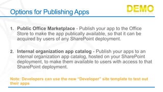 Options for Publishing Apps




Note: Developers can use the new “Developer” site template to test out
their apps
 