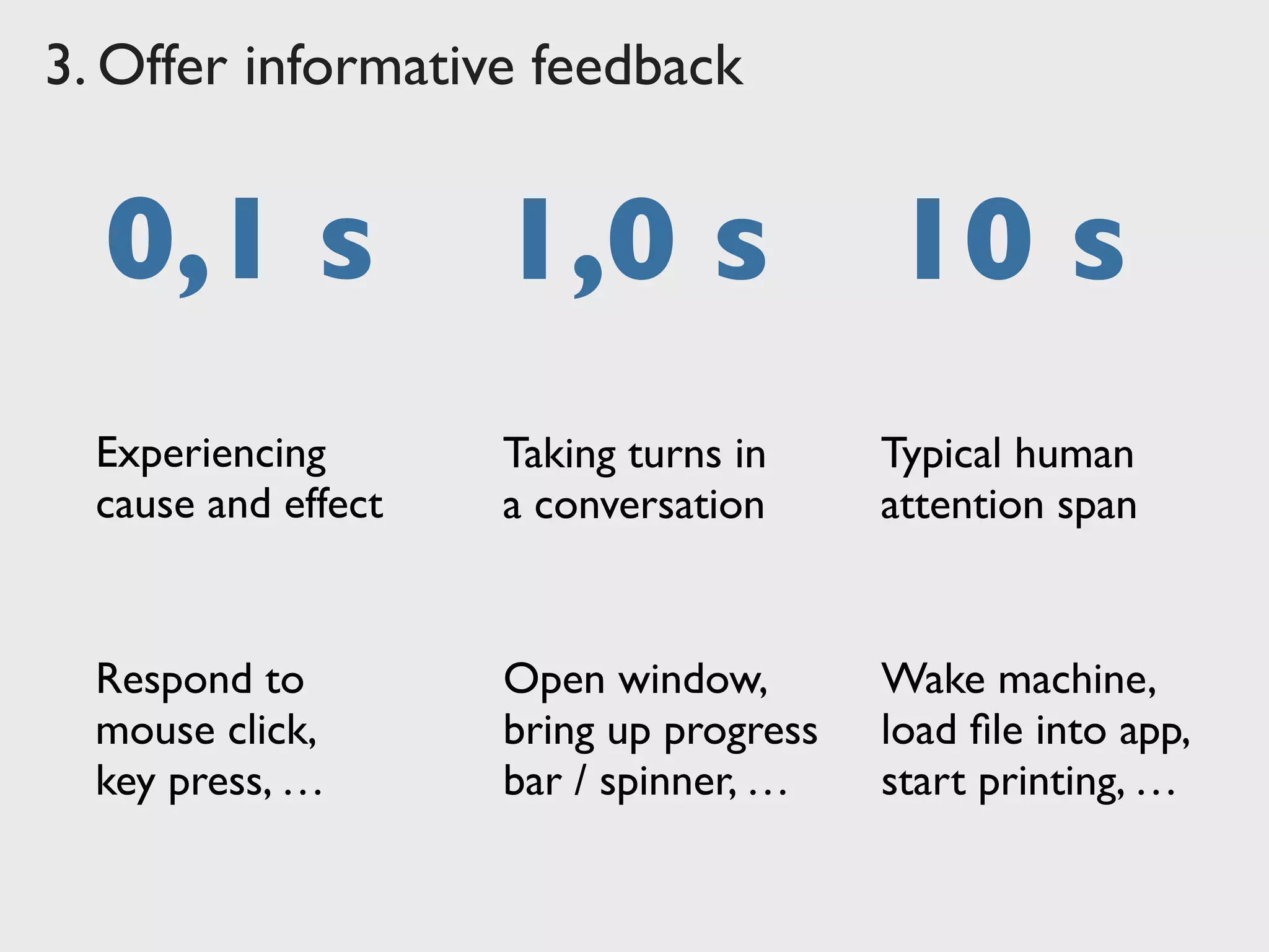 3. Offer informative feedback
0,1 s 1,0 s 10 s
Experiencing
cause and effect
Taking turns in
a conversation
Typical human
attention span
Respond to
mouse click,
key press, …
Open window,
bring up progress
bar / spinner, …
Wake machine,
load ﬁle into app,
start printing, …
 