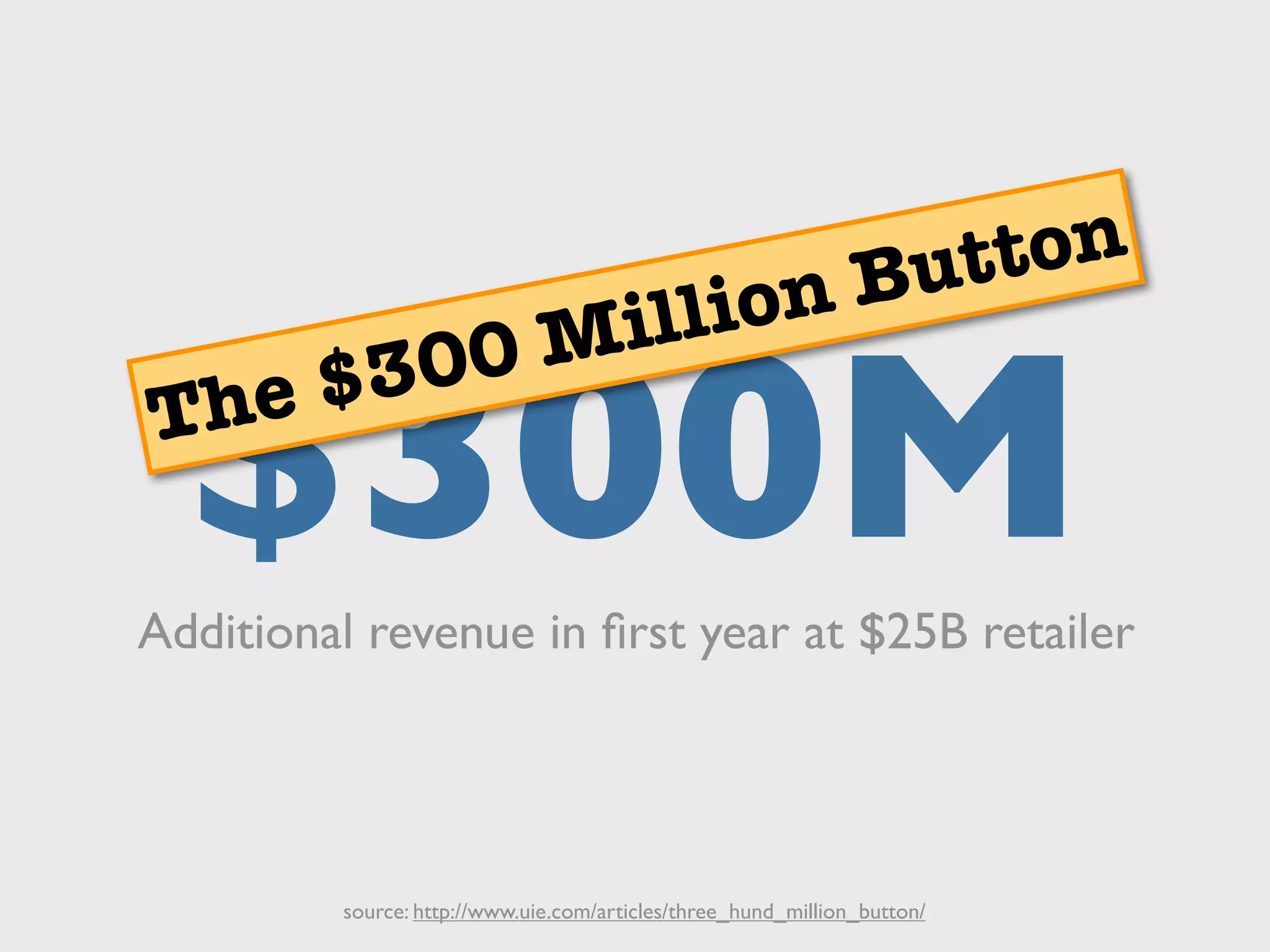 $ ?$300MThe $300 Million Button
source: http://www.uie.com/articles/three_hund_million_button/
Additional revenue in ﬁrst year at $25B retailer
 