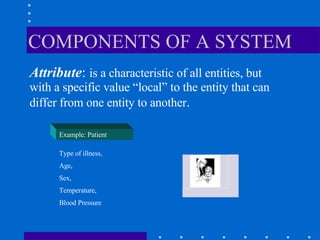 COMPONENTS OF A SYSTEM <ul><li>Attribute :  is a characteristic of all entities, but with a specific value “local” to the ...