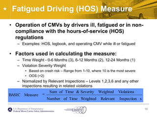 Fatigued Driving (HOS) MeasureOperation of CMVs by drivers ill, fatigued or in non-compliance with the hours-of-service (HOS) regulationsExamples: HOS, logbook, and operating CMV while ill or fatiguedFactors used in calculating the measure:Time Weight - 0-6 Months (3), 6-12 Months (2), 12-24 Months (1)Violation Severity WeightBased on crash risk – Range from 1-10, where 10 is the most severeOOS (+2)Normalized by Relevant Inspections – Levels 1,2,3,6 and any other inspections resulting in related violations10