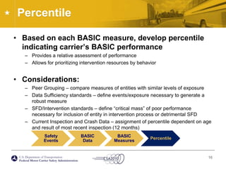PercentileBased on each BASIC measure, develop percentile indicating carrier’s BASIC performanceProvides a relative assessment of performanceAllows for prioritizing intervention resources by behaviorConsiderations:Peer Grouping – compare measures of entities with similar levels of exposureData Sufficiency standards – define events/exposure necessary to generate a robust measureSFD/Intervention standards – define “critical mass” of poor performance necessary for inclusion of entity in intervention process or detrimental SFDCurrent Inspection and Crash Data – assignment of percentile dependent on age and result of most recent inspection (12 months)16