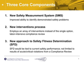 Three Core Components	New Safety Measurement System (SMS)Improved ability to identify demonstrated safety problemsNew interventions processEmploys an array of interventions instead of the single option, labor-intensive compliance reviewNew approach to Safety Fitness Determination (SFD)SFD would be tied to current safety performance; not limited to results of acute/critical violations from a Compliance Review3