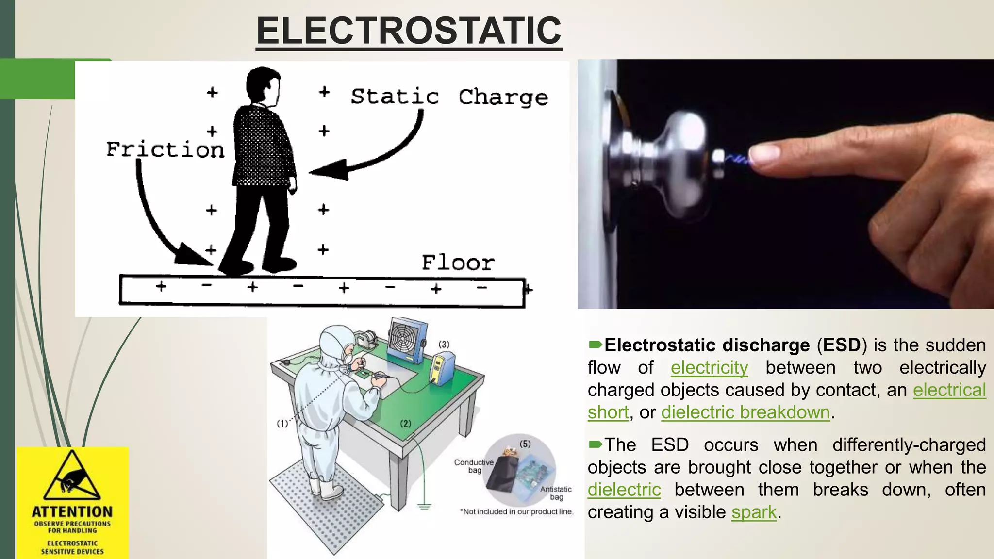 ELECTROSTATIC
DISCHARGE
Electrostatic discharge (ESD) is the sudden
flow of electricity between two electrically
charged objects caused by contact, an electrical
short, or dielectric breakdown.
The ESD occurs when differently-charged
objects are brought close together or when the
dielectric between them breaks down, often
creating a visible spark.
 