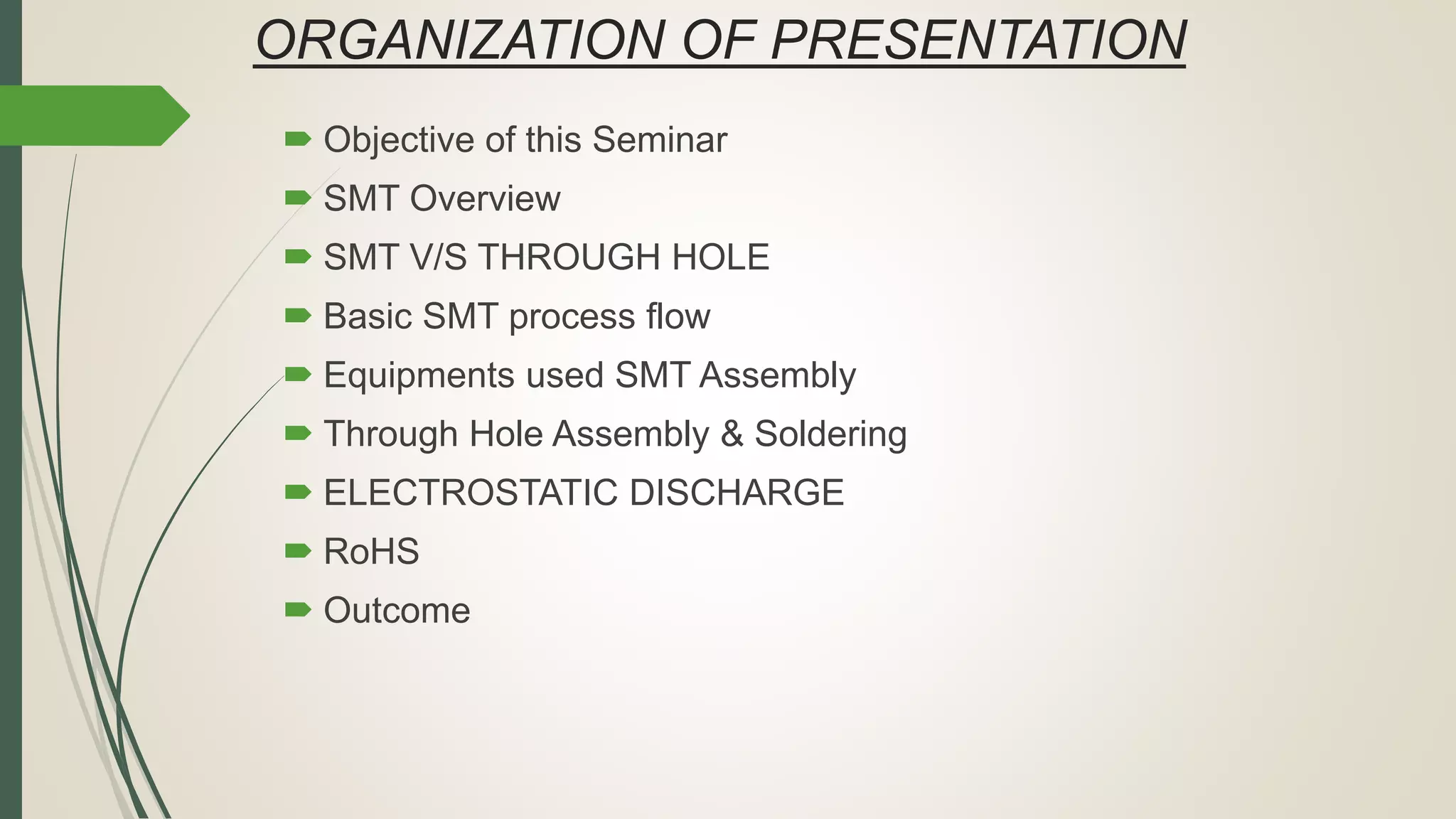 ORGANIZATION OF PRESENTATION
 Objective of this Seminar
 SMT Overview
 SMT V/S THROUGH HOLE
 Basic SMT process flow
 Equipments used SMT Assembly
 Through Hole Assembly & Soldering
 ELECTROSTATIC DISCHARGE
 RoHS
 Outcome
 