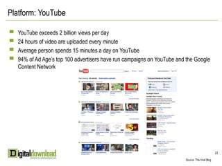 Platform: YouTube

▀ YouTube exceeds 2 billion views per day
▀ 24 hours of video are uploaded every minute
▀ Average person spends 15 minutes a day on YouTube
▀ 94% of Ad Age’s top 100 advertisers have run campaigns on YouTube and the Google
   Content Network




                                                                                                 23

                                                                        Source: The Viral Blog
 