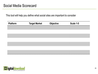 Social Media Scorecard

 This tool will help you define what social sites are important to consider

   Platform              Target Market         Objective             Scale 1-5




                                                                                 29
 