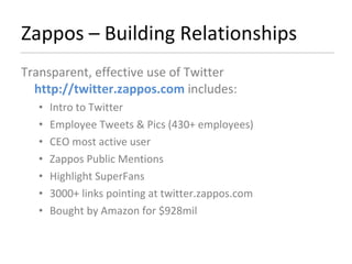 Zappos – Building Relationships Transparent, effective use of Twitter  http://twitter.zappos.com  includes: Intro to Twitter Employee Tweets & Pics (430+ employees) CEO most active user Zappos Public Mentions Highlight SuperFans 3000+ links pointing at twitter.zappos.com Bought by Amazon for $928mil 