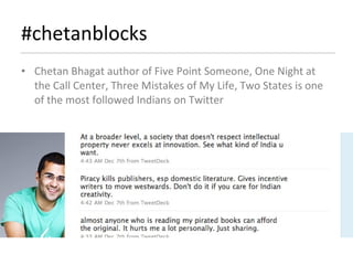#chetanblocks Chetan Bhagat author of Five Point Someone, One Night at the Call Center, Three Mistakes of My Life, Two States is one of the most followed Indians on Twitter  