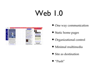 Web 1.0 One way communication Static home pages Organizational control Minimal multimedia Site as destination “ Push” 
