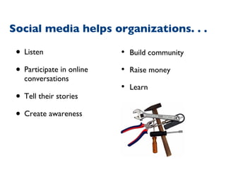 Listen  Participate in online conversations Tell their stories Create awareness Build community Raise money Learn Social media helps organizations. . .  