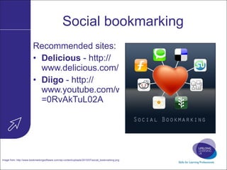 Social bookmarking Recommended sites: Delicious  -  http:// www.delicious.com /   Diigo  -  http:// www.youtube.com/watch?v =0RvAkTuL02A   Image from:  http://www.bookmarkingsoftware.com/wp-content/uploads/2010/07/social_bookmarking.png   