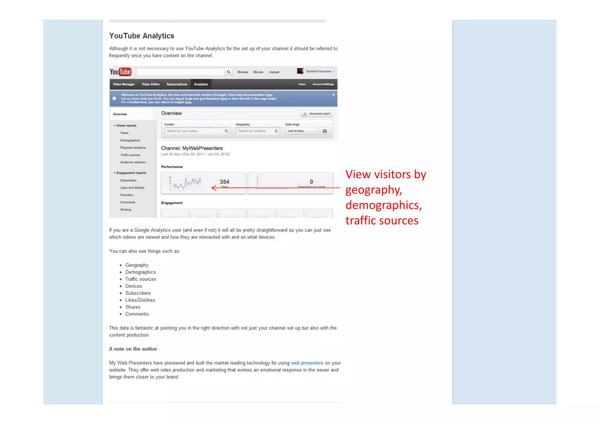 View visitors by
geography,
demographics,
traffic sources
 