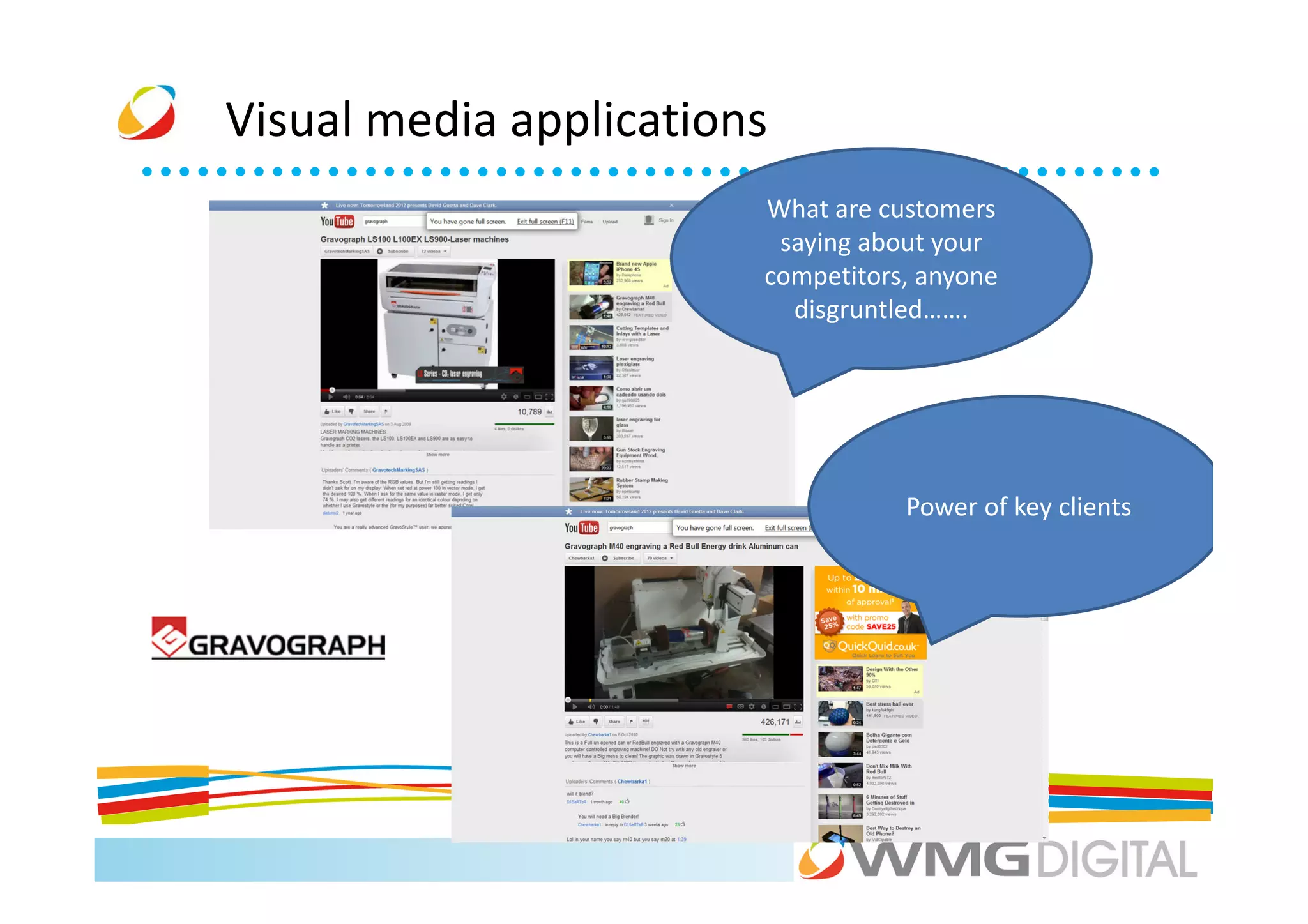 Visual media applications
                        What are customers
                         saying about your
                        competitors, anyone
                          disgruntled…….




                                   Power of key clients
 