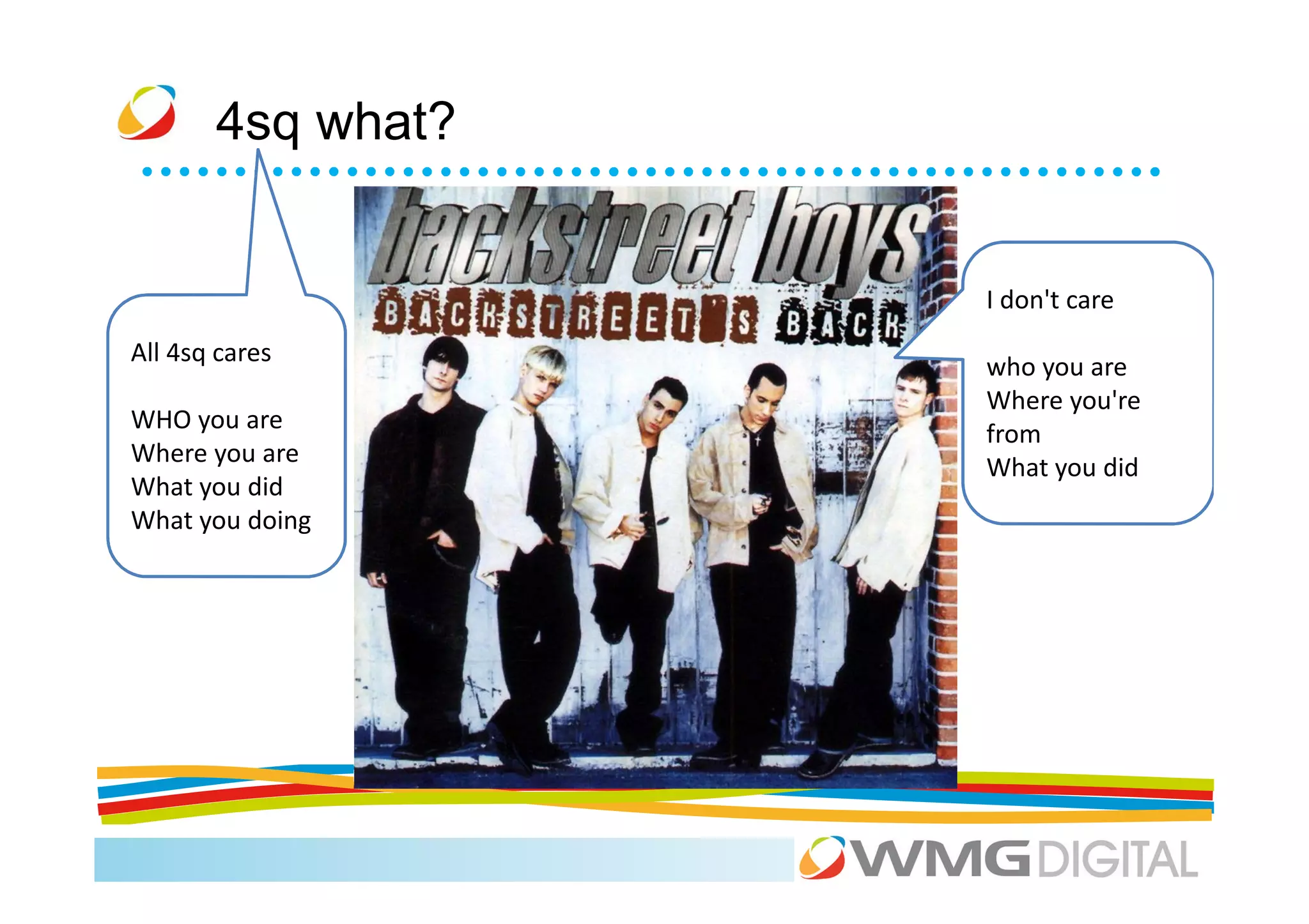 4sq what?


                   I don't care
All 4sq cares
                   who you are
                   Where you're
WHO you are
                   from
Where you are
                   What you did
What you did
What you doing
 