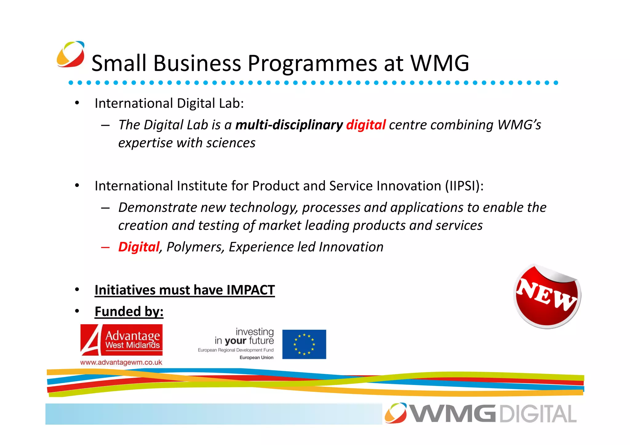 Small Business Programmes at WMG
• International Digital Lab:
   – The Digital Lab is a multi-disciplinary digital centre combining WMG’s
      expertise with sciences

• International Institute for Product and Service Innovation (IIPSI):
   – Demonstrate new technology, processes and applications to enable the
      creation and testing of market leading products and services
   – Digital, Polymers, Experience led Innovation

• Initiatives must have IMPACT
• Funded by:
 