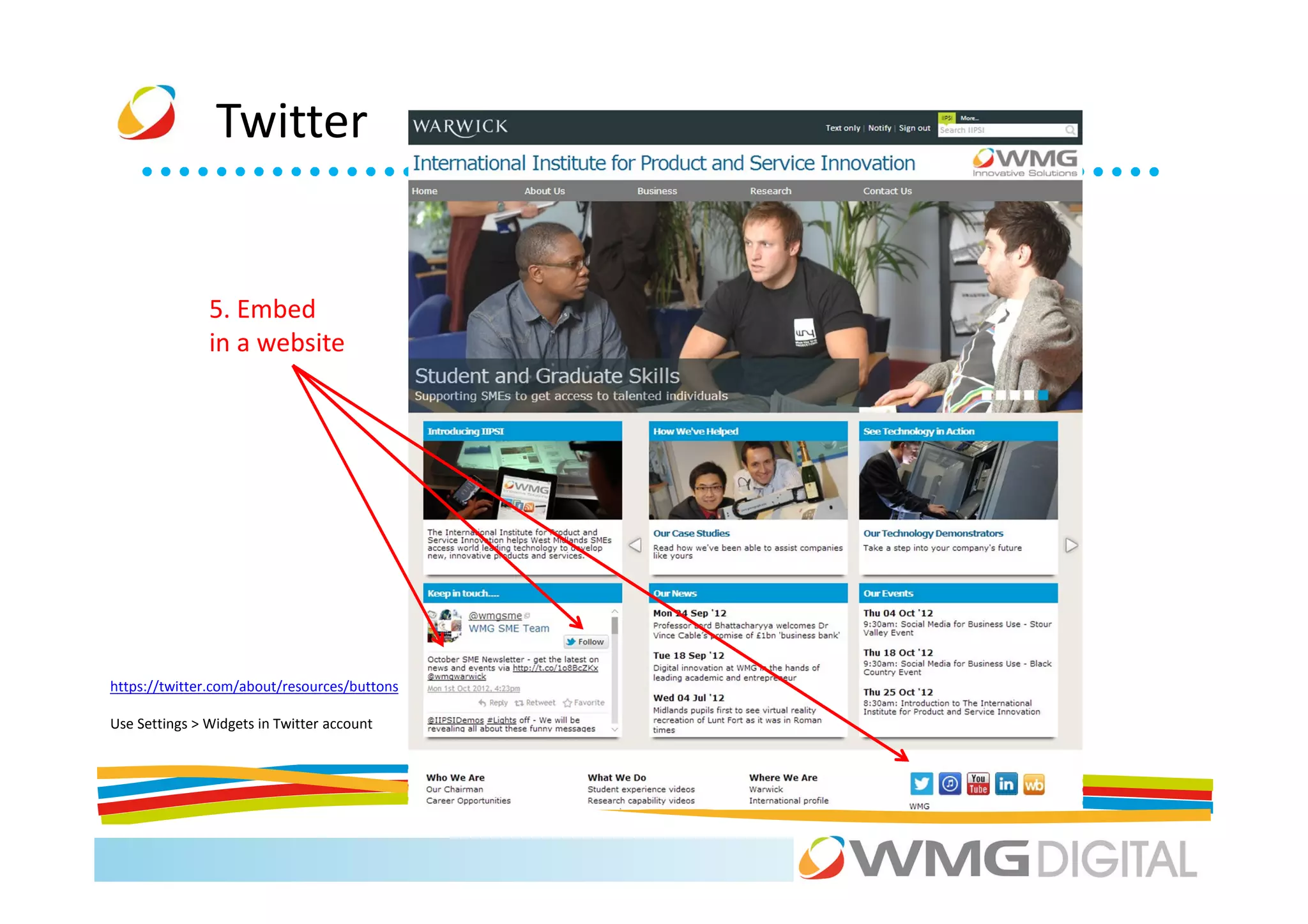 Twitter


               5. Embed
               in a website




https://twitter.com/about/resources/buttons

Use Settings > Widgets in Twitter account
 