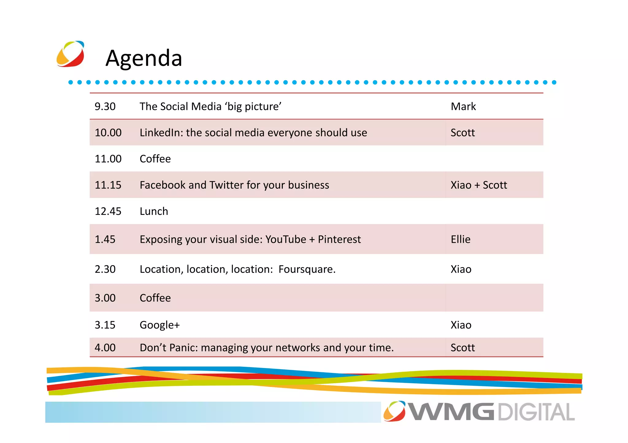 Agenda
9.30    The Social Media ‘big picture’                       Mark

10.00   LinkedIn: the social media everyone should use       Scott

11.00   Coffee

11.15   Facebook and Twitter for your business               Xiao + Scott

12.45   Lunch

1.45    Exposing your visual side: YouTube + Pinterest       Ellie

2.30    Location, location, location: Foursquare.            Xiao

3.00    Coffee

3.15    Google+                                              Xiao
4.00    Don’t Panic: managing your networks and your time.   Scott
 