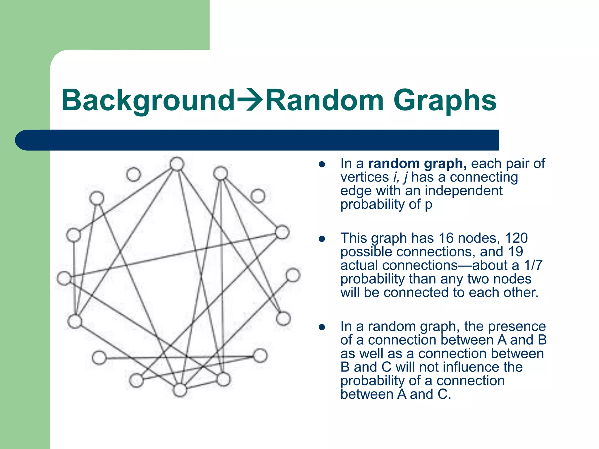 BackgroundRandom Graphs
 In a random graph, each pair of
vertices i, j has a connecting
edge with an independent
probability of p
 This graph has 16 nodes, 120
possible connections, and 19
actual connections—about a 1/7
probability than any two nodes
will be connected to each other.
 In a random graph, the presence
of a connection between A and B
as well as a connection between
B and C will not influence the
probability of a connection
between A and C.
 