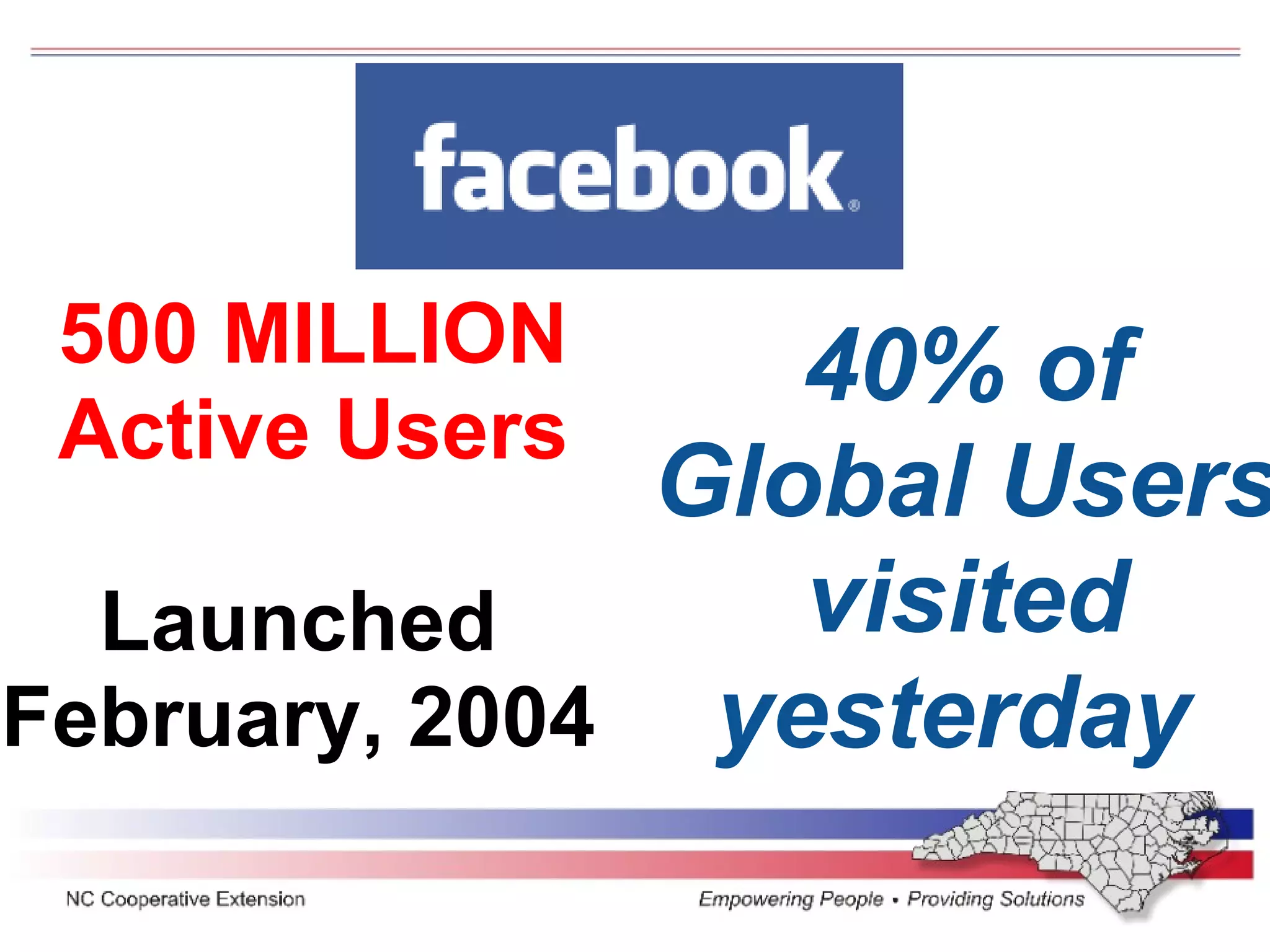 500 MILLION Active Users Launched February, 2004 40% of Global Users visited yesterday  