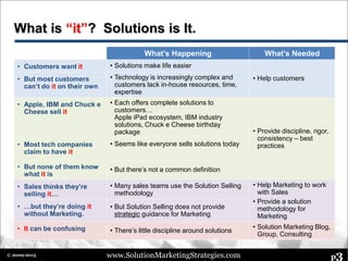 www.SolutionMarketingStrategies.com p3© 2009-2015
What’s Happening What’s Needed
• Customers want it • Solutions make life easier
• Help customers• But most customers
can’t do it on their own
• Technology is increasingly complex and
customers lack in-house resources, time,
expertise
• Apple, IBM and Chuck e
Cheese sell it
• Each offers complete solutions to
customers…
Apple iPad ecosystem, IBM industry
solutions, Chuck e Cheese birthday
package • Provide discipline, rigor,
consistency – best
practices• Most tech companies
claim to have it
• Seems like everyone sells solutions today
• But none of them know
what it is
• But there’s not a common definition
• Sales thinks they’re
selling it…
• Many sales teams use the Solution Selling
methodology
• Help Marketing to work
with Sales
• Provide a solution
methodology for
Marketing
• …but they’re doing it
without Marketing.
• But Solution Selling does not provide
strategic guidance for Marketing
• It can be confusing • There’s little discipline around solutions
• Solution Marketing Blog,
Group, Consulting
What is “it”? Solutions is It.
 
