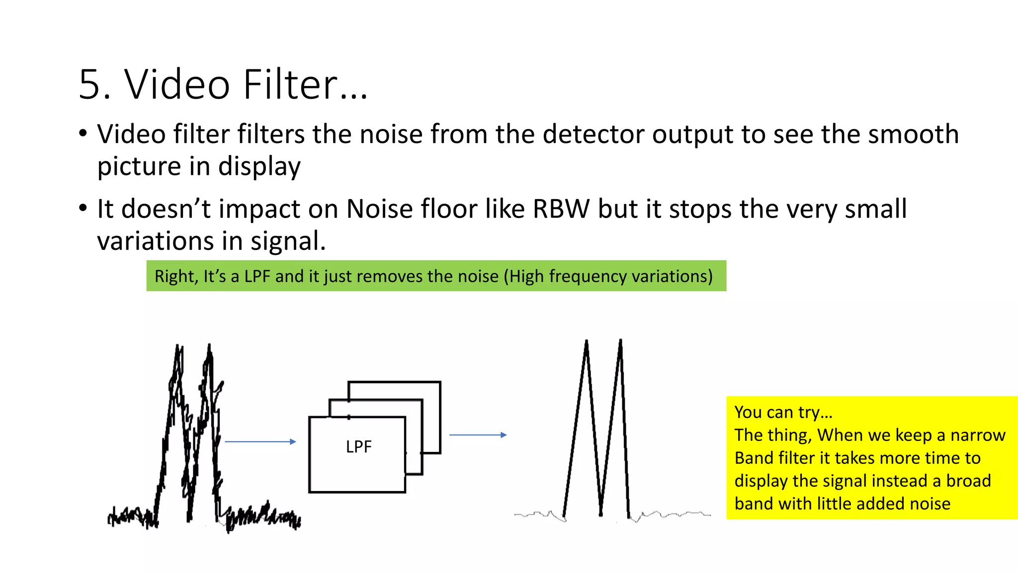 5. Video Filter…
• Video filter filters the noise from the detector output to see the smooth
picture in display
• It doesn’t impact on Noise floor like RBW but it stops the very small
variations in signal.
Right, It’s a LPF and it just removes the noise (High frequency variations)
LPF
You can try…
The thing, When we keep a narrow
Band filter it takes more time to
display the signal instead a broad
band with little added noise
LPF
 