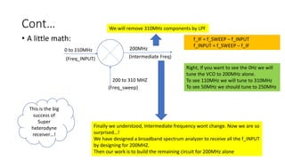 Cont…
• A little math:
0 to 110MHz
(Freq_sweep)
200MHz
(Freq_INPUT)
200 to 310 MHZ
(Intermediate Freq)
Right, If you want to see the 0Hz we will
tune the VCO to 200MHz alone.
To see 110MHz we will tune to 310MHz
To see 50MHz we should tune to 250MHz
f_IF = f_SWEEP – f_INPUT
f_INPUT = f_SWEEP – f_IF
Finally we understood, Intermediate frequency wont change. Now we are so
surprised…!
We have designed a broadband spectrum analyzer to receive all the f_INPUT
by designing for 200MHZ.
Then our work is to build the remaining circuit for 200MHz alone
This is the big
success of
Super
heterodyne
receiver…!
We will remove 310MHz components by LPF
 