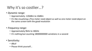 Why it’s so costlier…?
• Dynamic range:
• Approximately -120dBm to 10dBm
• It’s like visualizing a Pico meter sized object as well as one meter sized object on
the same screen with the good resolution
• Frequency range:
• Approximately 9kHz to 18GHz
• It’s nothing but counting 18000000000 variations in a second
• Sensitivity:
• dBuV
• Please think yourself…
 