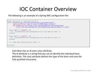 IOC Container Overview
The following is an example of a Spring XML configuration file:

Each Bean has an id and a class attribute.
The id attribute is a string that you use to identify the individual bean
definition. The class attribute defines the type of the bean and uses the
fully qualified classname.

Copyright(c) Oded Nissan 2010

 