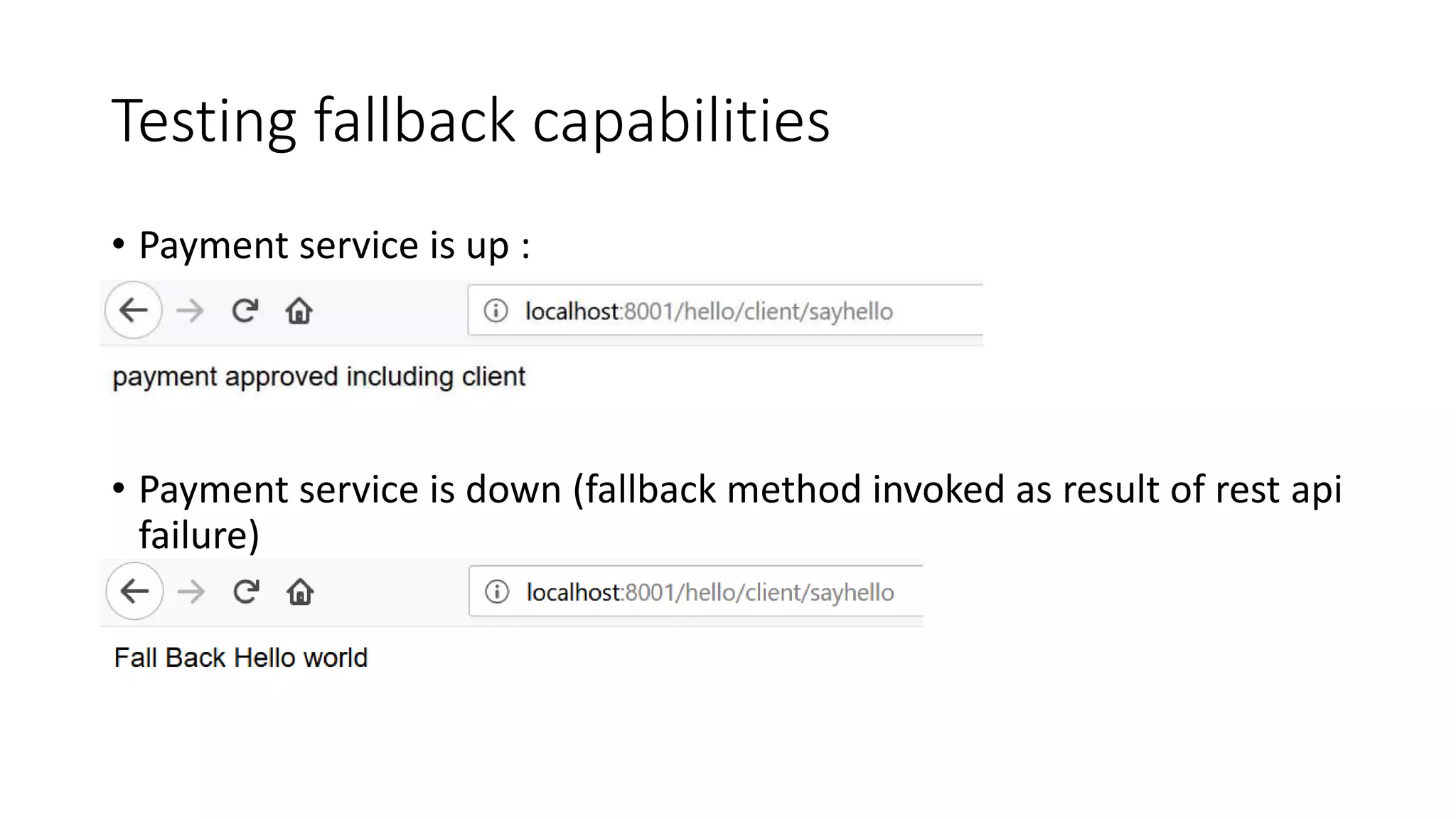 Testing fallback capabilities
• Payment service is up :
• Payment service is down (fallback method invoked as result of rest api
failure)
 