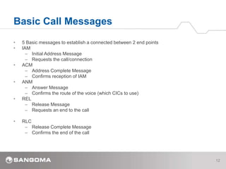 • 5 Basic messages to establish a connected between 2 end points
• IAM
– Initial Address Message
– Requests the call/connection
• ACM
– Address Complete Message
– Confirms reception of IAM
• ANM
– Answer Message
– Confirms the route of the voice (which CICs to use)
• REL
– Release Message
– Requests an end to the call
• RLC
– Release Complete Message
– Confirms the end of the call
Basic Call Messages
12
 