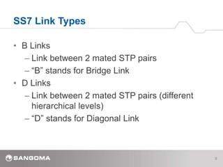 • B Links
– Link between 2 mated STP pairs
– “B” stands for Bridge Link
• D Links
– Link between 2 mated STP pairs (different
hierarchical levels)
– “D” stands for Diagonal Link
SS7 Link Types
8
 