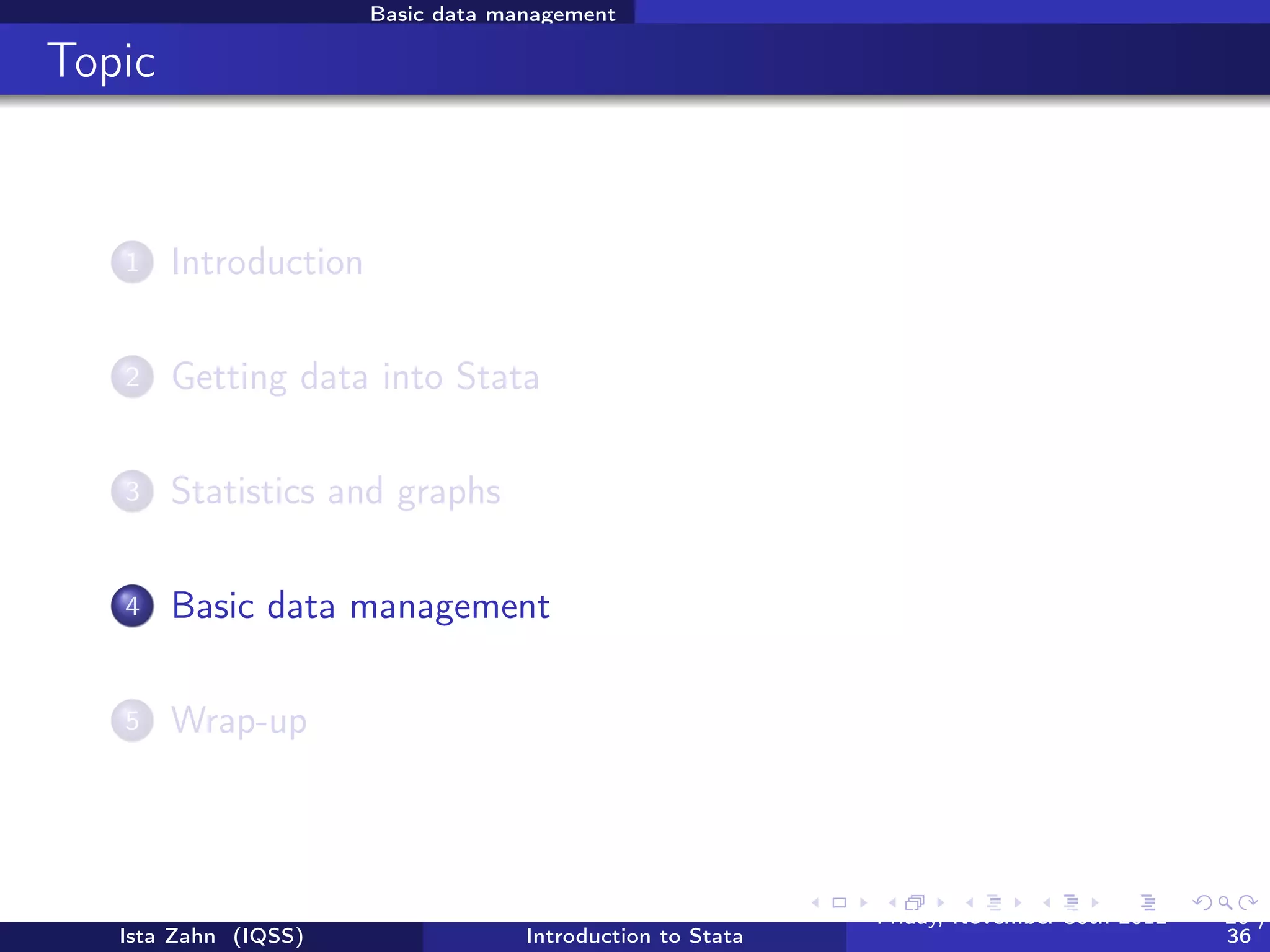 Statistics and graphs

Exercise 2: Descriptive statistics

      1   Use the dataset, gss.dta
      2   Examine a few selected variables using the describe, sum
          and codebook commands
      3   Tabulate the variable, “marital,” with and without labels
      4   Summarize the variable, “income” separately participants
          based on marital status
      5   Cross-tabulate marital with region and show gender percent
          by region
      6   Summarize the variable, “happy” for married individuals only
      7   Generate a histogram of income
      8   Generate a second histogram of income, but this time, split
          income based on participants sex and ask Stata to print the
          normal curve on your histograms

   Ista Zahn (IQSS)               Introduction to Stata   Friday February 8, 2013   26 / 37
 