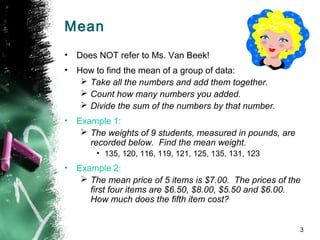 Mean Non Example Math Pre-Algebra: Intro to Statistics | PPT