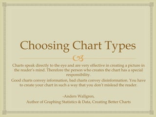 
Choosing Chart Types
Charts speak directly to the eye and are very effective in creating a picture in
the reader’s mind. Therefore the person who creates the chart has a special
responsibility.
Good charts convey information, bad charts convey disinformation. You have
to create your chart in such a way that you don’t mislead the reader.
-Anders Wallgren,
Author of Graphing Statistics & Data, Creating Better Charts
 