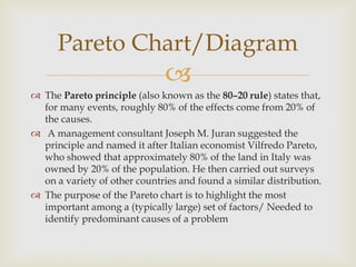 
 The Pareto principle (also known as the 80–20 rule) states that,
for many events, roughly 80% of the effects come from 20% of
the causes.
 A management consultant Joseph M. Juran suggested the
principle and named it after Italian economist Vilfredo Pareto,
who showed that approximately 80% of the land in Italy was
owned by 20% of the population. He then carried out surveys
on a variety of other countries and found a similar distribution.
 The purpose of the Pareto chart is to highlight the most
important among a (typically large) set of factors/ Needed to
identify predominant causes of a problem
Pareto Chart/Diagram
 