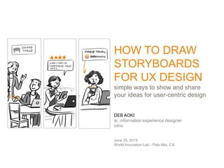 DEB AOKI
sr. information experience designer
citrix
June 25, 2015
World Innovation Lab - Palo Alto, CA
HOW TO DRAW
STORYBOARDS
FOR UX DESIGN
simple ways to show and share
your ideas for user-centric design
 