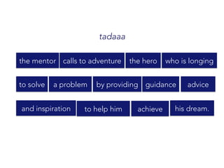 tadaaa
the herothe mentor who is longing
by providinga problemto solve guidance advice
and inspiration
calls to adventure
to help him achieve his dream.
 
