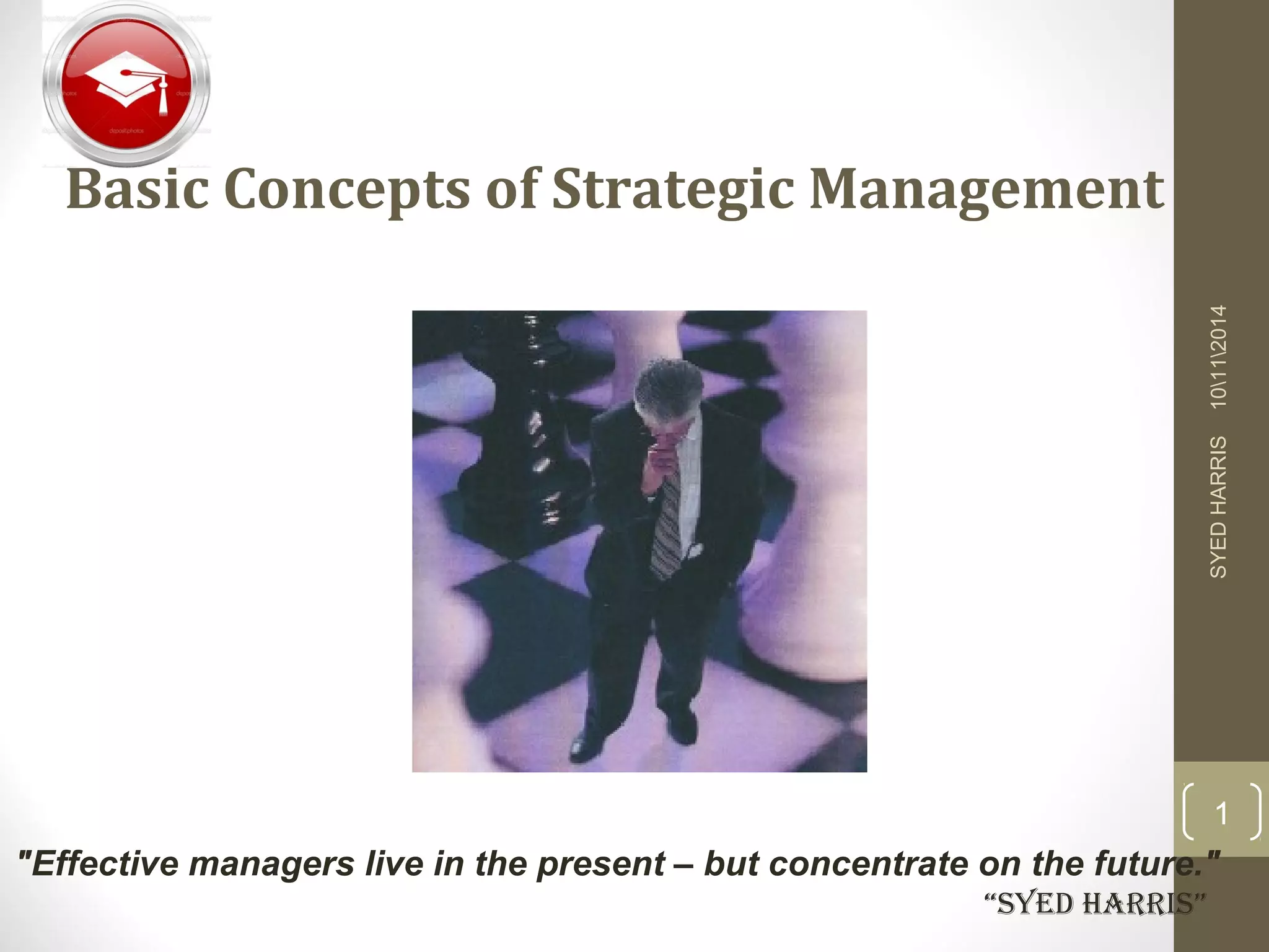 Basic Concepts of Strategic Management 
SYED HARRIS 10112014 
"Effective managers live in the present – but concentrate on the future." 
“Syed HarriS” 
1 
 
