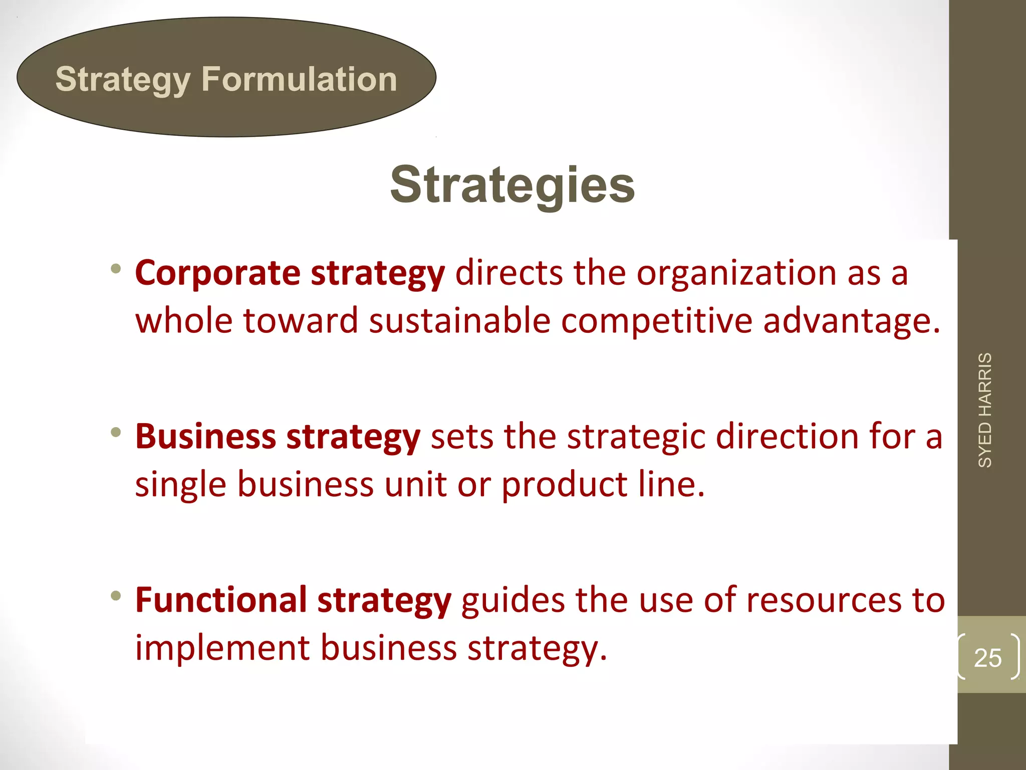 Strategy Formulation 
Strategies 
• Corporate strategy directs the organization as a 
whole toward sustainable competitive advantage. 
• Business strategy sets the strategic direction for a 
single business unit or product line. 
• Functional strategy guides the use of resources to 
implement business strategy. 
SYED HARRIS 
25 
 