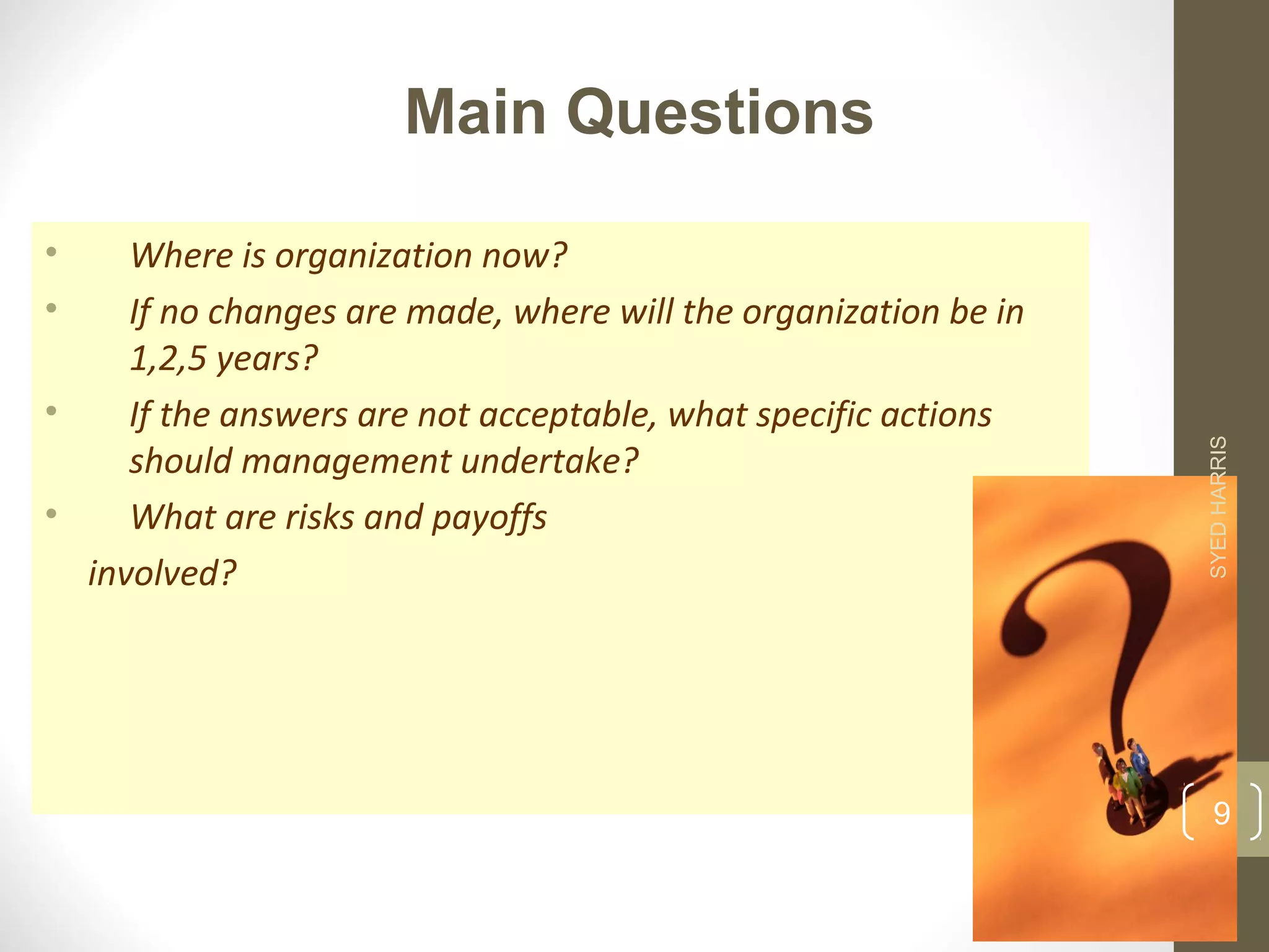 Main Questions 
• Where is organization now? 
• If no changes are made, where will the organization be in 
1,2,5 years? 
• If the answers are not acceptable, what specific actions 
should management undertake? 
• What are risks and payoffs 
involved? 
SYED HARRIS 
9 
 