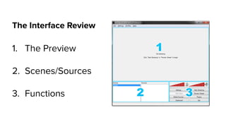 1. The Preview
2. Scenes/Sources
3. Functions
The Interface Review
 