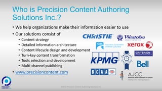 Who is Precision Content Authoring
Solutions Inc.?
• We help organizations make their information easier to use
• Our solutions consist of
• Content strategy
• Detailed information architecture
• Content lifecycle design and development
• Turn-key content transformation
• Tools selection and development
• Multi-channel publishing
• www.precisioncontent.com
©2015 Precision Content Authoring Solutions Inc.
 