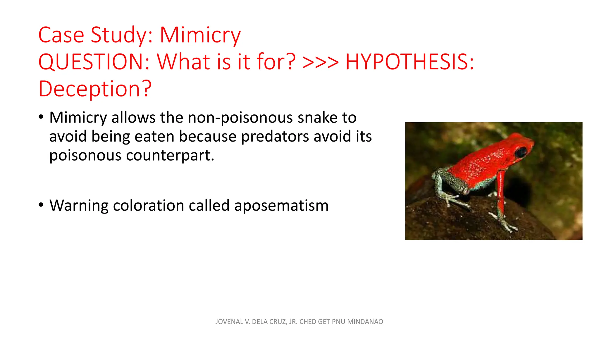Case Study: Mimicry
QUESTION: What is it for? >>> HYPOTHESIS:
Deception?
• Mimicry allows the non-poisonous snake to
avoid being eaten because predators avoid its
poisonous counterpart.
• Warning coloration called aposematism
JOVENAL V. DELA CRUZ, JR. CHED GET PNU MINDANAO
 